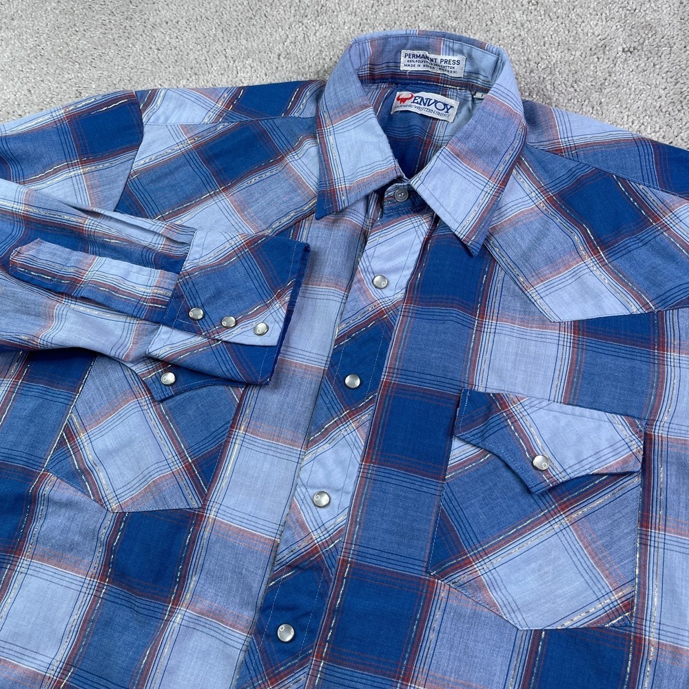 Vintage Envoy Western Shirt Mens Large Plaid Pearl Snap Cowboy Metallic Ranch